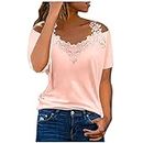 Women Tshirts Graphic,Womens Cold Shoulder Blouse Short Sleeve Tees V Neck Lace Patchwork Tunic Tops, Pink, 5X-Large