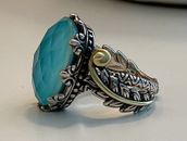 BARBARA BIXBY 18K 925 Sterling Turquoise Doublet Ornate Feather Ring Size 7