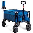Timber Ridge Camping Trolley Detachable Big Wheels 100kg Capacity Folding Wagon for Outdoor Picnic Garden Beach Shopping, Collapsible Trolley Cart with Adjustable Handle & Drink Holders, Blue