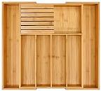 VaeFae Bamboo Cutlery Organizer for Kitchen, Wooden Utensil Drawer Organizer, Expandable Cutlery Tray and Utensil Holder with Removable Knife Block