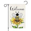 Louise Maelys Welcome Summer Garden Flag 12x18 Double Sided Vertical, Small Burlap Sumflower Bee Garden Yard House Flags for Spring Summer Seasonal Outside Outdoor House Decor (ONLY FLAG)