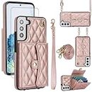 Asuwish Phone Case for Samsung Galaxy S22 Plus S22+ 5G Wallet Cover with Stand RFID Card Holder Slot Wrist Crossbody Strap Lanyard Cell Accessories S22+5G S22plus 22S + S 22 22+ Women Girls Rose Gold