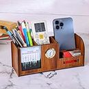 Deskart Desk Organizer With Calender, Clock, Business Visiting Card And Mobile Holder | Multipurpose Wooden Pen And Pencil Holder Stand For Office & Study Table, Desk Supplies Organisers
