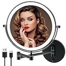 MIROAMZ Rechargeable Wall Mounted Lighted Makeup Vanity Mirror 8 Inch Double Sided 1X 10X Magnifying Bathroom Mirror, 3 Color Lighting, Touch Screen Dimming, 360 Rotation Shaving Matte Black