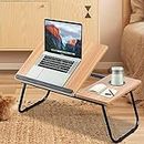 Adjustable Tilting Laptop Folding Table - OKSTENCK Stand Bed Table with Foldable Legs for Laptop and Writing, Adjustable Computer Tray with Cup Slot for Working, Reading on Bed, Sofa, Couch，Walnut