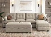 HONBAY Velvet Convertible Sectional Sofa Set L Shaped Couch with Storage Ottoman Reversible Sofa Sectional for Living Room,Light Grey