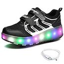 ZCOINS Boys Light Recharging Roller Skate Shoes with Two Wheels Light Sneakers for Little Kids Black, Black-two Wheels, 4.5 Big Kid