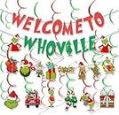 Welcome to Whoville Grinchs Banner Christmas Decorations Red & Green Hanging Swirls,Christmas Decor for Xmas Home Ceiling Party Fovors (grinchsbanner)