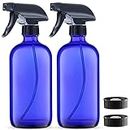 Blue Cobalt Glass Spray Bottles, 16-Ounce (2-Pack) Refillable Glass Sprayer Container with Durable Leakproof Trigger Sprayer Mist/Stream/Lock for Cleaning Products, Essential Oils, Aromatherapy, Water