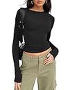 Trendy Queen Womens Long Sleeve Fall Fashion 2023 Crop Tops Basic Layering Workout Slim Fitted T Shirts Y2K Tops, Black, Large