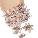 Choonshow 24Pcs Rose Gold Glitter Poinsettia Christmas Tree Ornaments and Glitter Berries Stems, 16Pcs Christmas Artificial Flowers and 8 Pack Christmas Tree Picks for Wedding Holiday Decorations