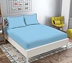 My Mini Bazzar 100% Cotton 220 TC Solid Satin Stripes All Around Elasticated 72” x 78” x 10" Inches Mattress King Fitted Bedsheet with 2 Pillow Covers - Sky-Blue