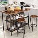 HOOSENG Breakfast Bar Table and Stools Set Kitchen Island with Seating, Space Saving Dining Table and Chairs Set 2 with Storage Shelves Small Kitchen Table (Rustic Brown)