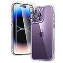 TAURI [5 in 1] Designed for iPhone 14 Pro Case [Not Yellowing], with 2 Tempered Glass Screen Protectors + 2 Camera Lens Protectors [Military Grade Protection] Slim 6.1 Inch, Clear