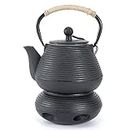 MILVBUSISS Cast Iron Teapot with Warmer, 35oz Tea Kettle Stovetop Safe with heater for Loose Leaf, Japanese Tea Pot Coated with Enameled Interior, 1000ml Black