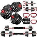 Prapark 4-in-1 Adjustable Weight Dumbbell Set - Premium Home Gym Equipment with Dumbbell, Barbell, Kettlebell, Push-Up Modes - Ergonomic, Safe, and Compact for Total Body Workouts (22 LB)