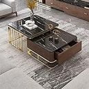 Welltrade Shoppee Modern Square Marble Finish Set of Coffee Table 2 Piece, Stacking Tea Table or Center Table with Drawer and Black Metal Frame Perfect for Living Room (Walnut Gold & Black)