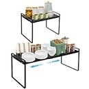 Expandable Cabinet Countertop Shelves, Kitchen Spice Rack Pantry Shelf, Adjustable Cupboard Organizer Storage Rack for Kitchen Bathroom Office (Black)