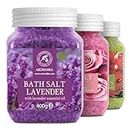 Sales de Baño Set 3x400g con Aceite 100% Natural Lavender - Rosas - Eucalipto - Mejor para Buen Sueño - Alivio del Estrés - Baño - Cuidado Corporal - Bienestar - Belleza - Relajación - Spa