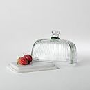 Ellementry Crown Glass and Marble Butter Dish| Butter Keeper with Lid | Serving Tray | Marble Trays for Kitchen & Home Decor | Butter Storage Container | Butter Dish with Cover