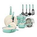 GreenLife Soft Grip Healthy Ceramic Nonstick 16 Piece Kitchen Cookware Pots and Pans Set, Includes Frying Pan Skillets Sauce and Casserole, PFAS-Free, Oven Safe, Turquoise