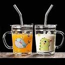 KiKiluxxa Cartoon Print Creative Milk Glass Sipper Cup/Mug with Handle and Spill Proof Lid and Straw Tumbler - Random Design (Transparent, 350ml)