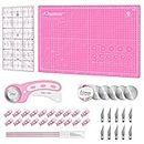 Rotary Cutter Set Pink - Quilting Kit incl. 45mm Fabric Cutter, 5 Extra Rotary Blades, A3 Self Healing Cutting Mat, Acrylic Ruler and Craft Clips, craft knife, Ideal for Crafting, Sewing, Patchworking