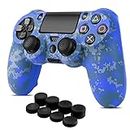 TNP PS 4 / Slim / Pro Controller Skin Grip Cover Case Set - Protective Soft Silicone Gel Rubber Shell & Anti-slip Thumb Stick Caps for Sony PlayStation 4 Controller Gaming Gamepad (Camo Mosaic Blue)