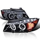 Spec-D Tuning Halo LED Glossy Black Housing Smoke Lens Projector Headlights Compatible with 2006-2008 BMW E90 3-Series 4Dr With Stock Halogen Headlight, Left + Right Pair Headlamps Assembly
