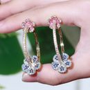 Rose Red Blue CZ Big Round Double Flower Hoop Earrings for Women Cocktail Party