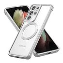 RALEAVO Magnetic Case for Samsung Galaxy S21 Ultra Clear Case Cover [Compatible with Magsafe & Military Grade Drop Protection] Transparent Shockproof Slim Plated Phone Case - Silver
