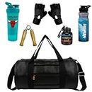 Duffle Gym Bags for Men Premium Gym Accessories Combo Set for Men and Women Workout with Whey Bottle,Gripper,Duffle Bag,Hand Gloves Sipper/Shaker -All-in-One Fitness Gym Kit (Black+SkyBlue)