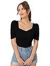 Dream Beauty Fashion Women's Sweet Heart Neck Puff/Balloon Bishop Sleeve Elegant Casual Tee Top, 23" inches (Top Mentos-01-Black-S)