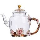 Heat-Resistant Flower Glass Tea Pot Enamel Glass Teapot Flower Enamel Glass Teapot, Creative Glass Teapot and Cup Set Crystal Glass Kung Fu Tea Cup Set (Deep Coffee Color)