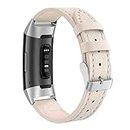 Tuocal Genuine Leather Strap Compatible with Fitbit Charge 3 Strap/Fitbit Charge 4 Strap, Adjustable Leather WristBand for Fitbit Charge 3/Fitbit Charge 4 Activity Tracker Women Men, Beige