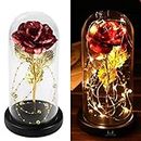 Beauty and The Beast Rose Kit, Red Gold Foil Rose and Led Light with Golden Beads in Glass Dome on Wooden Base for Home Decor Holiday Party Anniversary