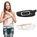 Andibro Adjustable Leather Waist Belt For Kids, Thin Waist Belt Skinny Leather Belts with Alloy Pin Buckle for Girls Boys(Black+White)