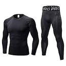LANBAOSI Men's Gym Running Base Layer Top and Leggings Set Long Sleeve Compression Shirt Tights Thermal Underwear Suit, Blk Line, XL