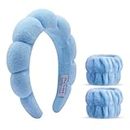 The trend collection Spa Headband for Washing Face with Wristband, Sponge Makeup Headbands for Women - Bubble Skincare Headband for Girls, Soft Terry Cloth headband for Mother's day (Blue)