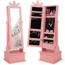 2-in-1 Full Length Mirror Storage Drawer Kid Freestanding Jewelry Armoire Pink