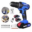 Cordless Drill Driver 21V,Cordless Drill Power Tool Electric Screwdriver,25+1 Torque,2 Speed,LED Light,26 Accessories,Cordless Combi Drill Kit for Home and Garden DIY, (2 Batteries)-Blue