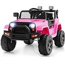 Costzon Ride on Car, 12V Battery Powered Truck Vehicle with Remote Control, Spring Suspension, Headlights, Music, Horn, MP3, USB & Aux Port, Gift for Boys Girls, Electric Car for Kids (Pink)