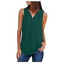 Sleeveless Blouses for Women UK Sale Clearance, Ladies Tops and Blouses Fashion Casual V-Neck Zipper Sleeveless Slim Fit Tees Solid Color Loose Chiffon Vest Shirts Green