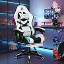 ALFORDSON Racing Gaming Stuhl, Massage Gamer Stuhl mit 12 LED Farben RGB Beleuchtung, Ergonomischer Sessel mit Lordosenstütze, Liegestuhl mit Fußstütze, PU Leder, Weiß