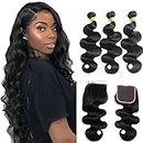 Body Wave 3 Bundles with Closure 100% Unprocessed Brazilian Body Wave Human Hair Weave with 4x4 Free Part Lace Closure Natural Color (14 16 18+12,Bundles with Closure)