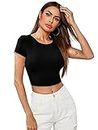 Dream Beauty Fashion Women's Casual Short Sleeves Round Neck Crop Top Polyster Blend (341 Tani-Black-XL)