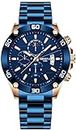 NIBOSI Stainless Steel Blue and Gold Classic Fashion Chronograph Calendar Watch for Men