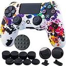 9CDeer 1 Piece of Silicone Studded Water Transfer Protective Sleeve Case Cover Skin + 8 Thumb Grips Analog Caps + 2 dust Proof Plugs for PS4/Slim/Pro Dualshock 4 Controller, Splashing Graffiti
