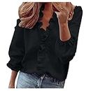 Black of Friday Early Deals Women Ruffle Long Sleeve Tops Daily Casual Full V-Neck Tunic Loose Blouses Plain Plus Size Ladies Clothing Shirts
