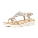 Ajvani Womens Ladies Low Wedge Heel Flatform Diamante t-bar Slingback Sandals - Rose Gold - 6 UK